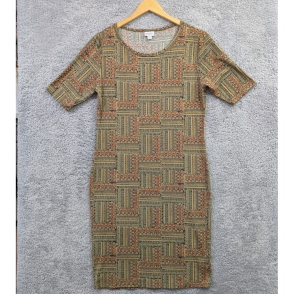 LuLaRoe Julia Dress Women's Large Brown‎ Aztec Geometric Short Sleeve Sheath